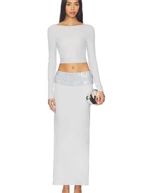 superdown Backless Silver Maxi Skirt Set with Sequin Waistband